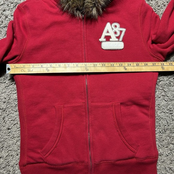 Aeropostale Womens Red Faux Fur Hood Zip Up Hoodie A87 Plaid Lined Medium - Picture 5 of 8